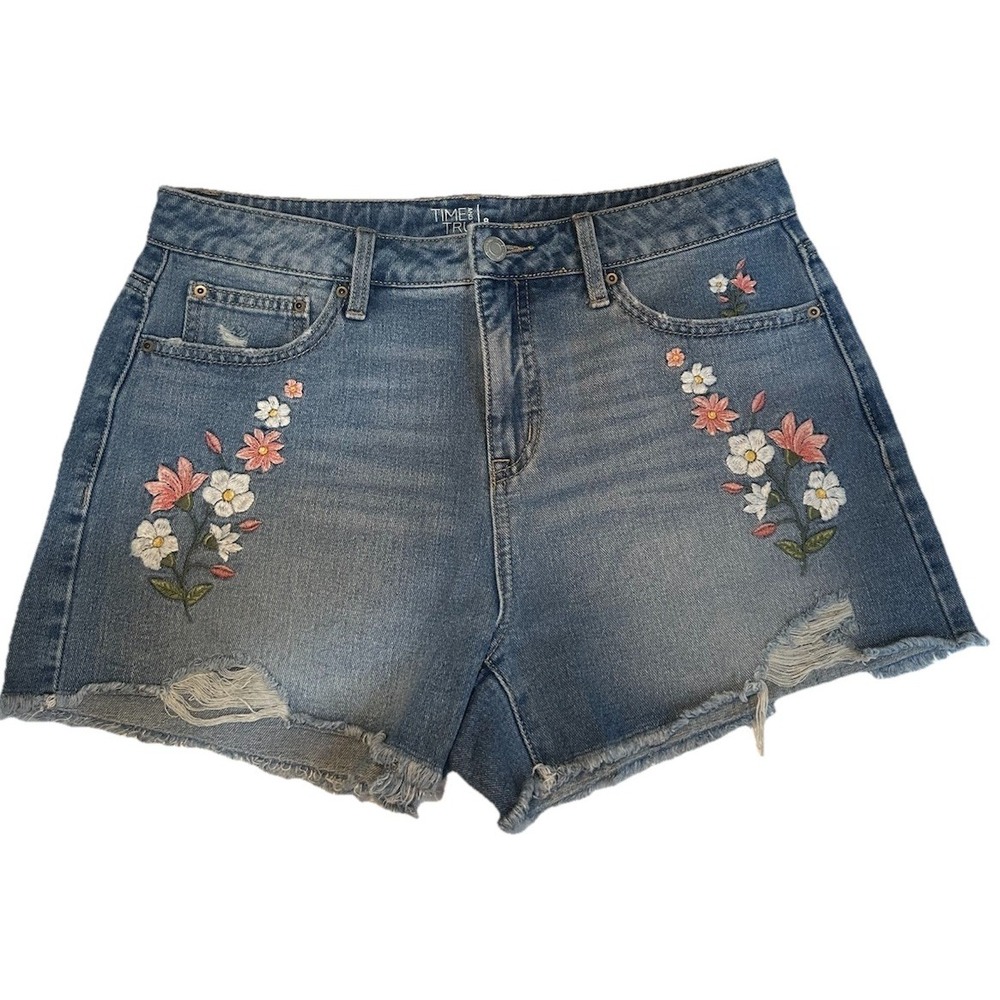 Time & True Jean Shorts Woman's Size 8 Blue Denim Distressed Embroidered Flowers